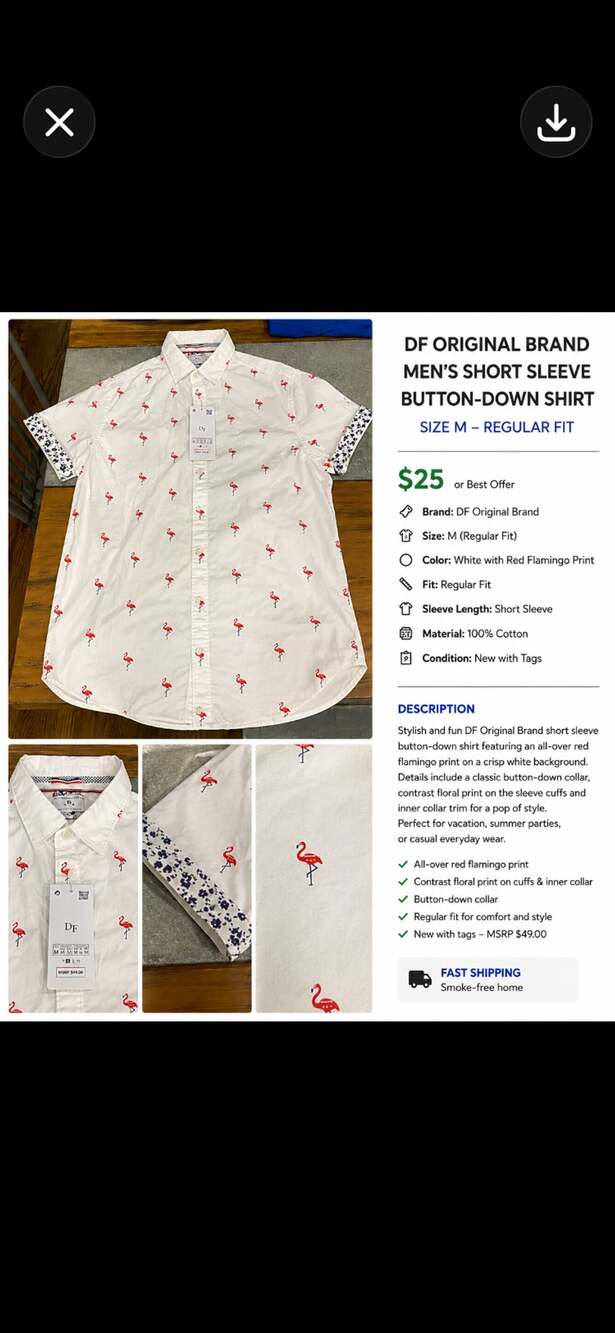 Denim & Flower Ricky Singh Men's Short Sleeve Button-Down Shirt White Flamingo S